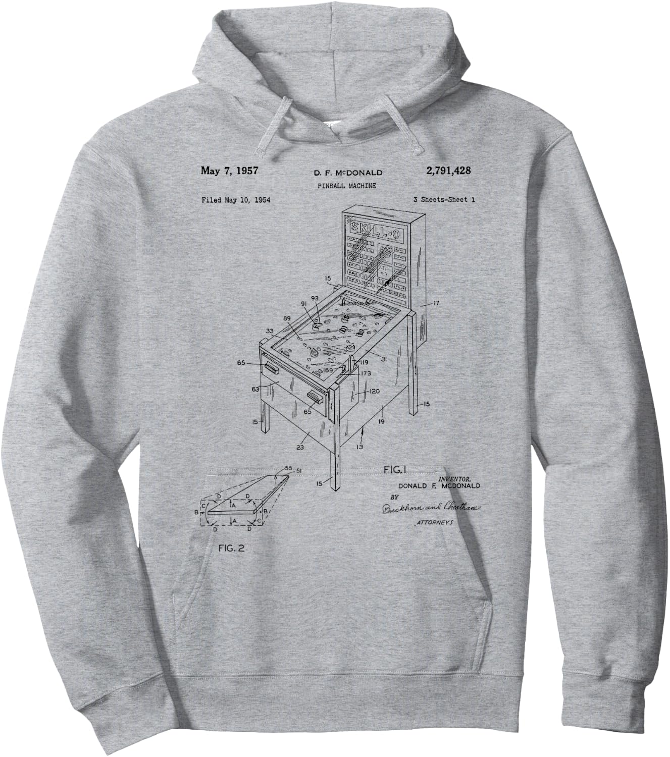 Vintage Patent Print 1957 Pinball Machine Hoodie - Hoodie | Ash