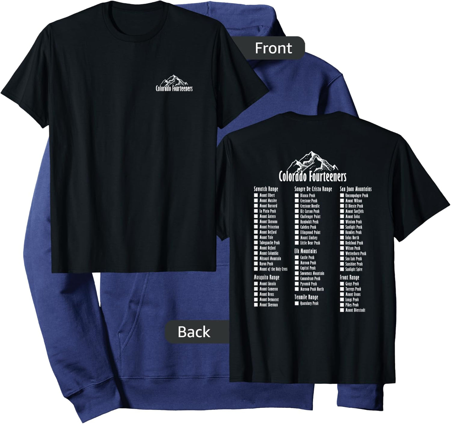 Colorado Fourteeners 2 Sided Checklist 14ers Hoodie - Hoodie | Navy