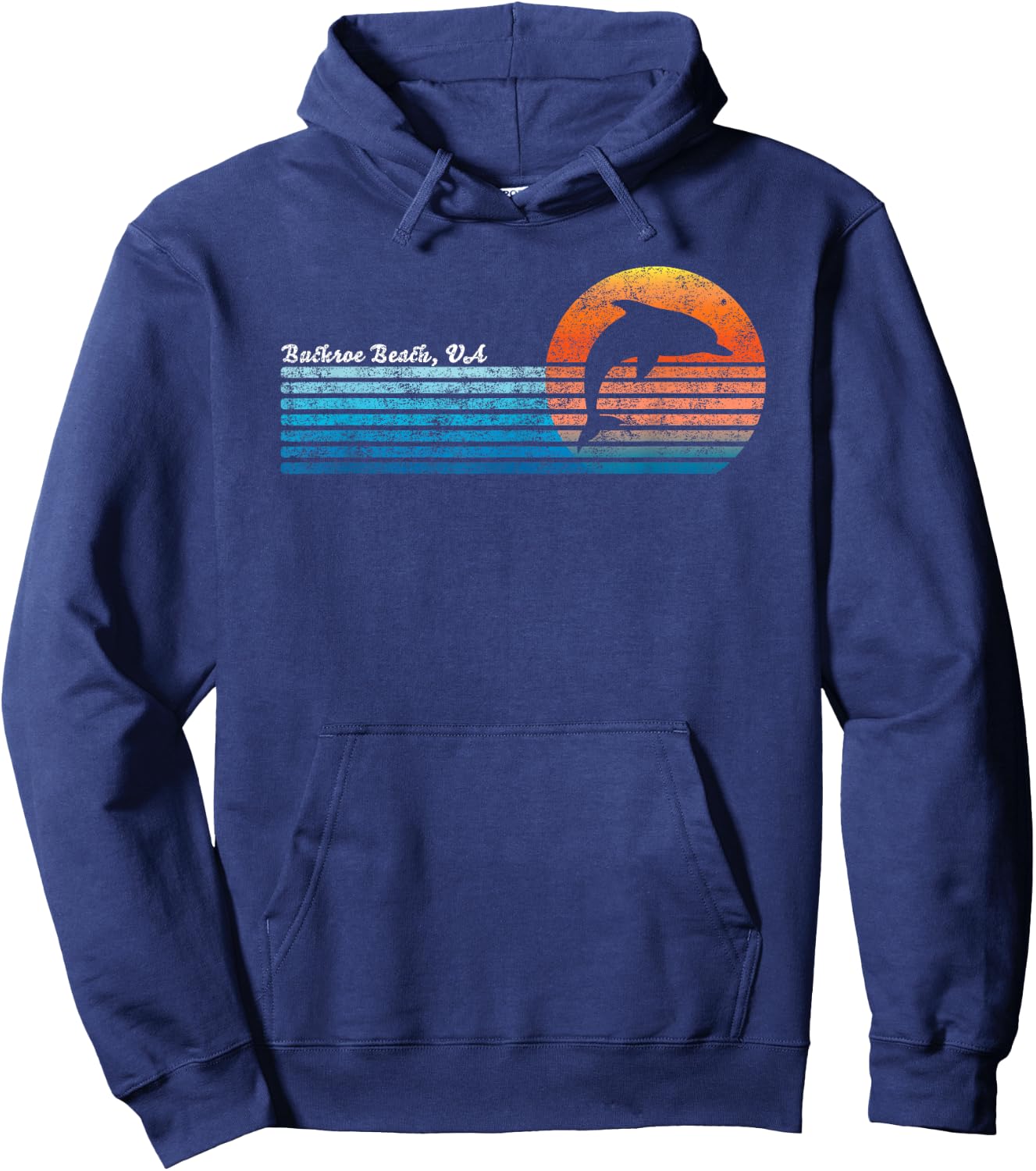 Vintage Buckroe Beach VA 80s Dolphin Sunset Hoodie - Hoodie | Navy