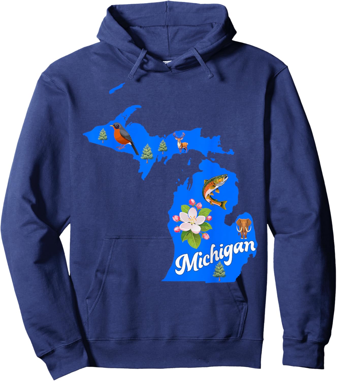 Michigan Map State Symbols Flower Bird Fish Hoodie - Hoodie | Navy
