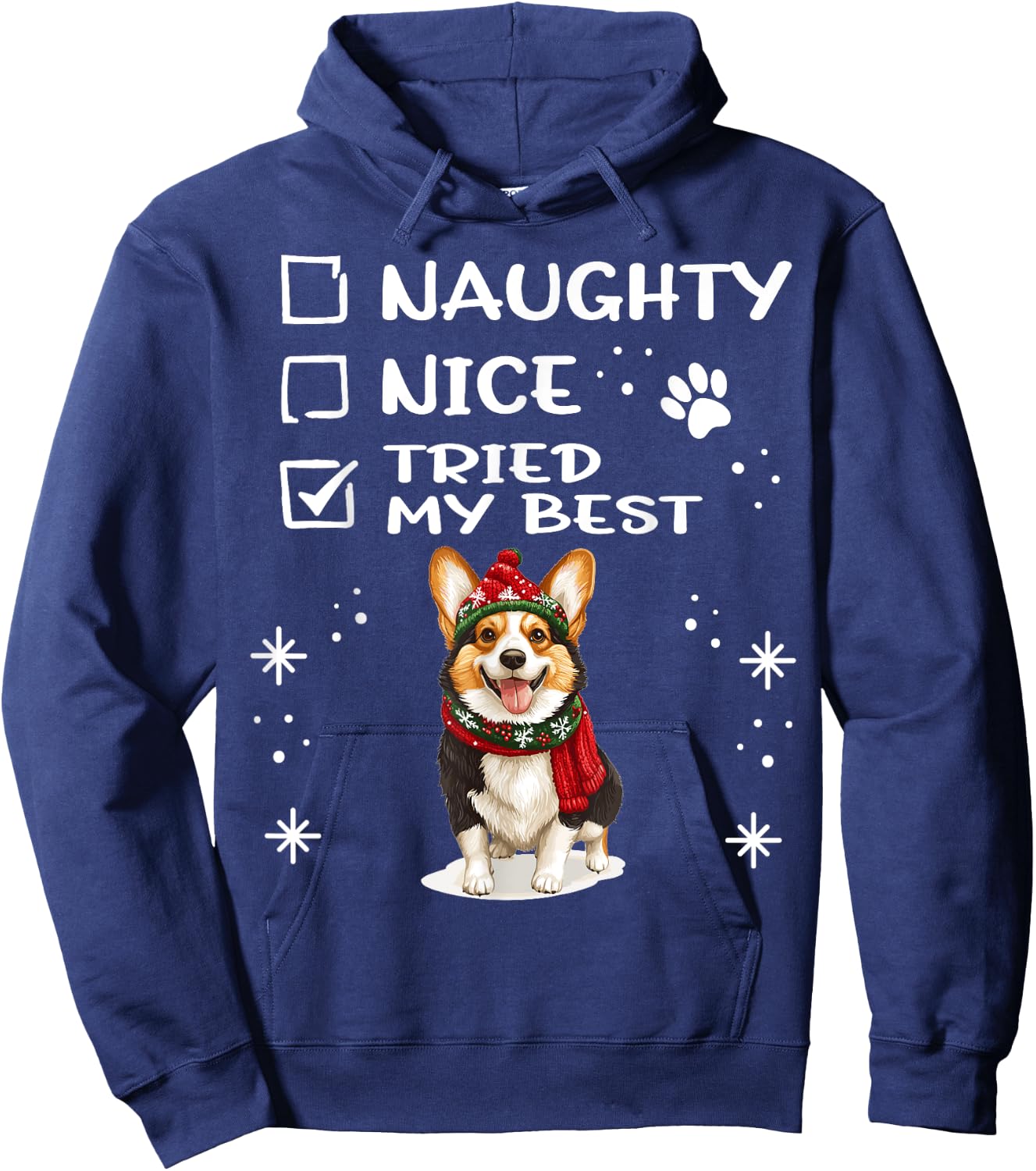 Cardigan Welsh Corgi Christmas Dog Breed Designs -Adults, -Kids , Black, Small, Short Sleeve, Regular Fit, Christmas, Cute, Cartoon, Naughty Nice Tried my Best Hoodie - Hoodie | Navy