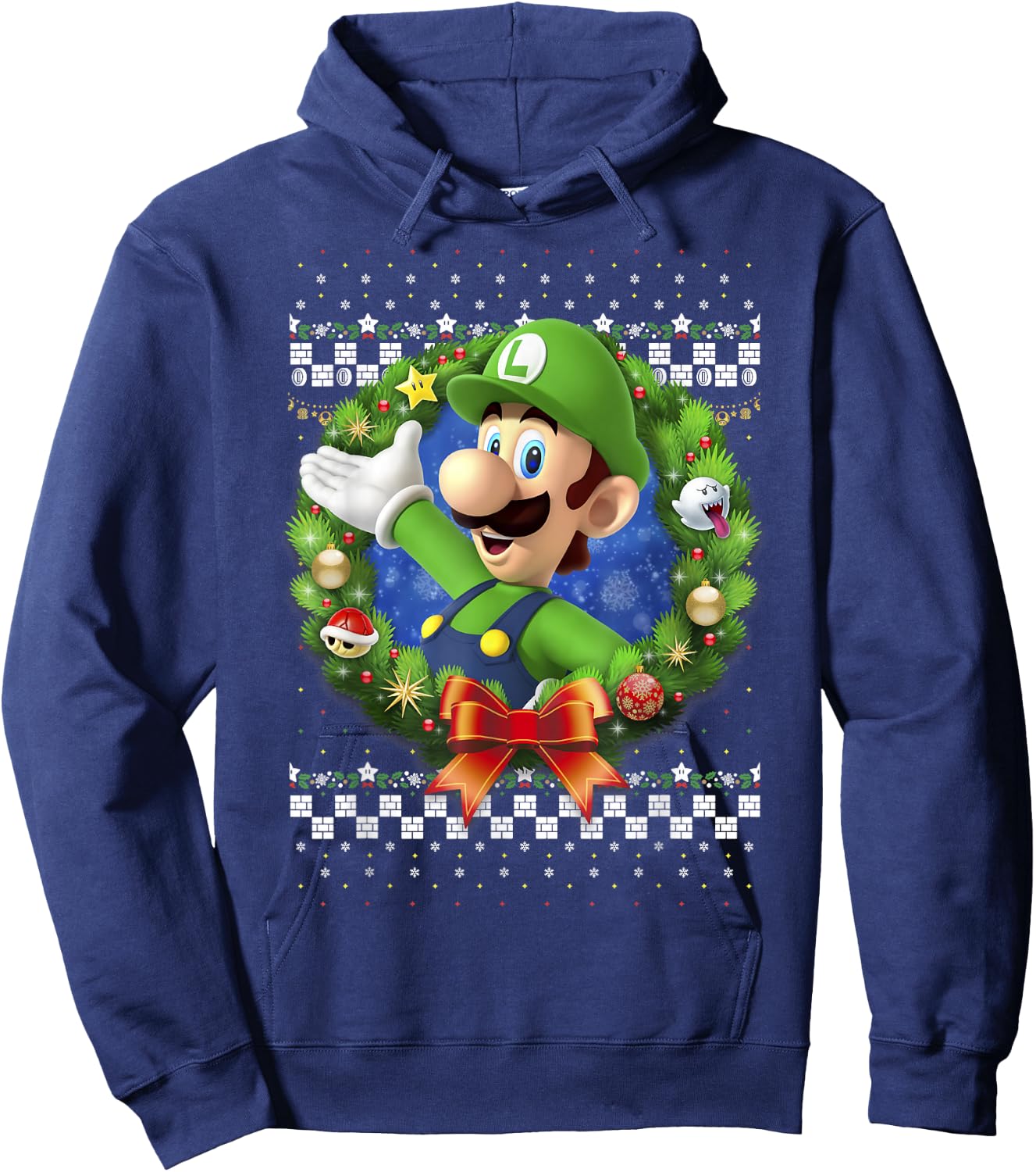 Super Mario 3D Luigi Christmas Wreath Graphic Hoodie - Hoodie | Navy