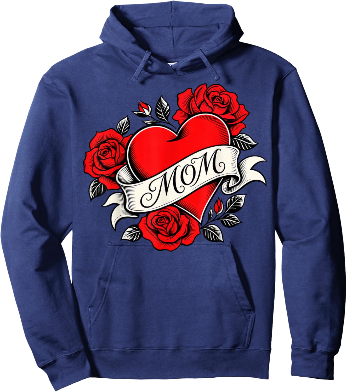 Bold Heart Tattoo with Roses and MOM Banner Hoodie - Hoodie | Navy