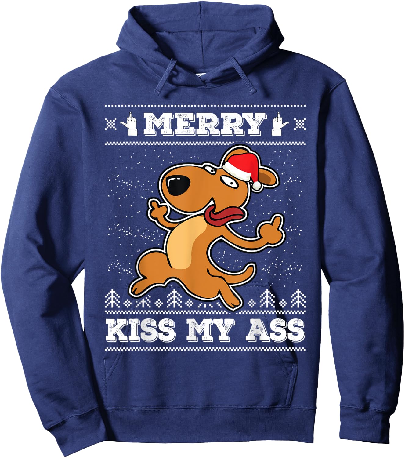 Merry Kiss My Ass Dog Santa Hat Ugly Christmas Hoodie - Hoodie | Navy