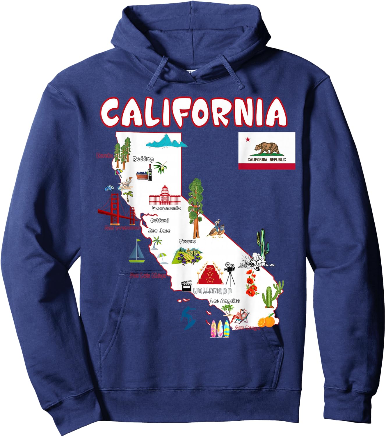 Map of California Landmarks, Major Cities, Flag Hoodie - Hoodie | Navy
