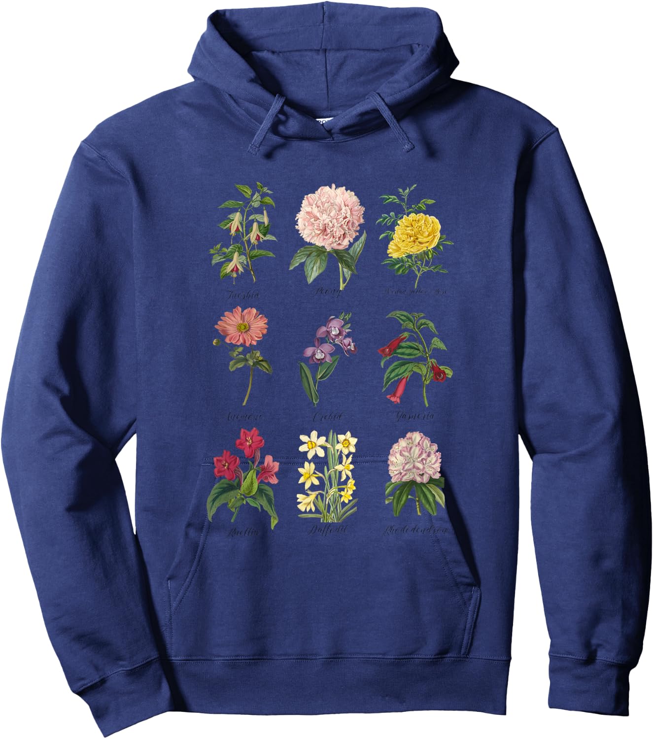 Vintage Botanical Floral Flower , White Hoodie - Hoodie | Navy
