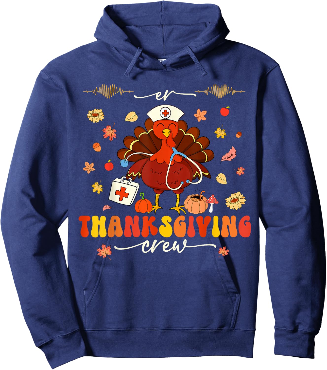 Nurse Crew Groovy Turkey Shirts Idea ER Thanksgiving Crew Turkey Nurses Emergency Department Adults Black Small Modern Classic Cartoon Holiday Short Sleeve Hoodie - Hoodie | Navy