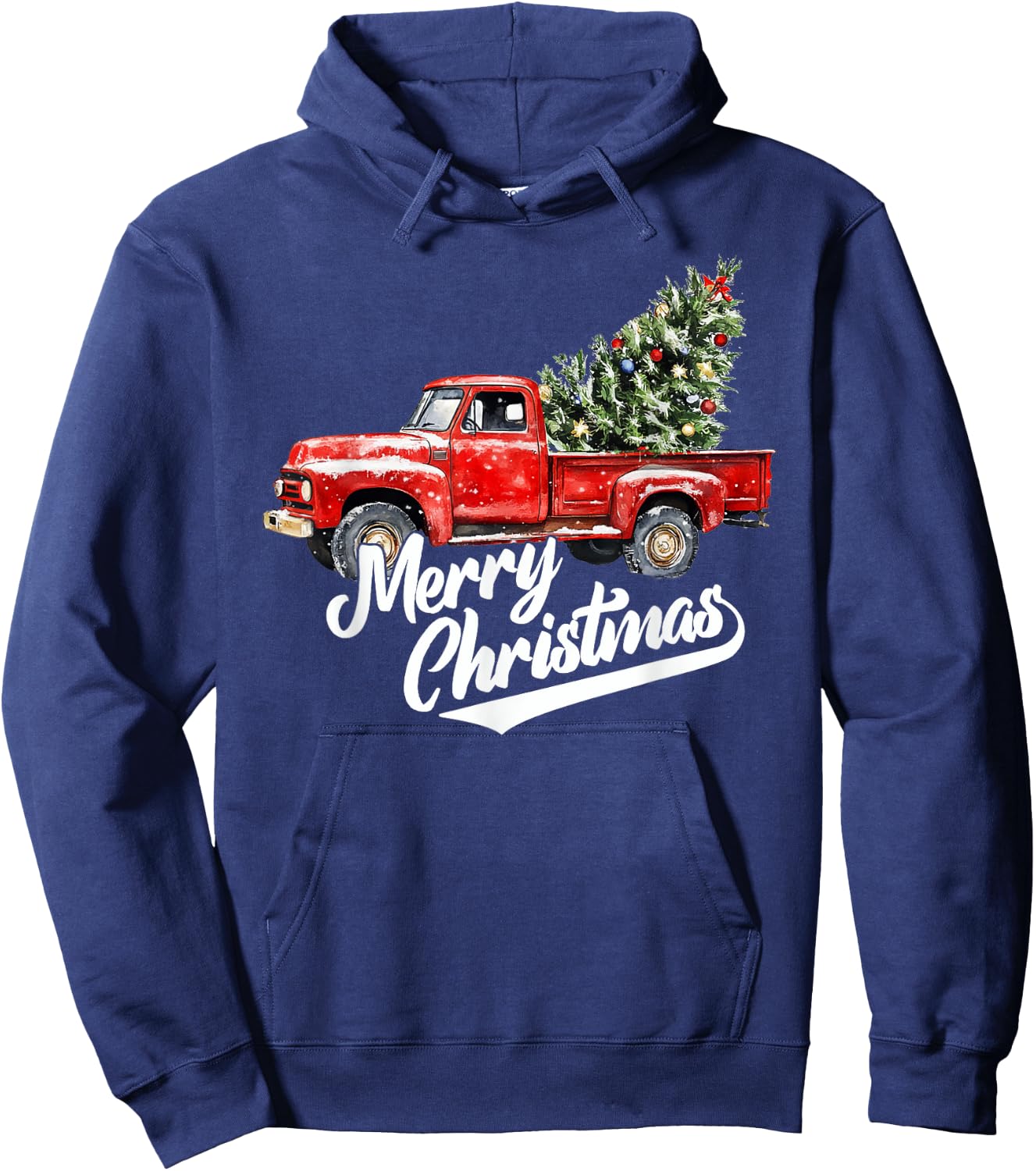 Red Pickup Truck Christmas Tree Vintage old men Hoodie - Hoodie | Navy