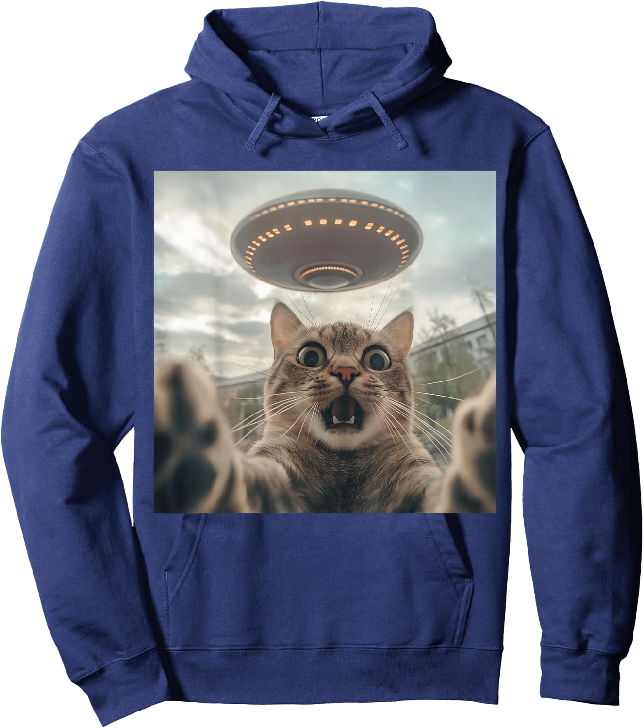 Cat Selfie With Alien UFO Funny Cat Hoodie - Hoodie | Navy