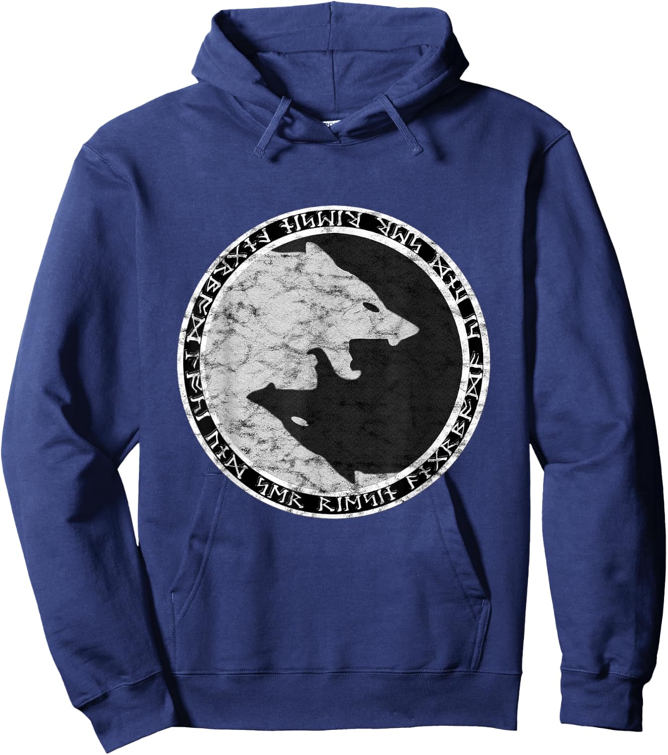 Fenrir Wolf Of Odin With Norse Runes Distressed Hoodie - Hoodie | Navy