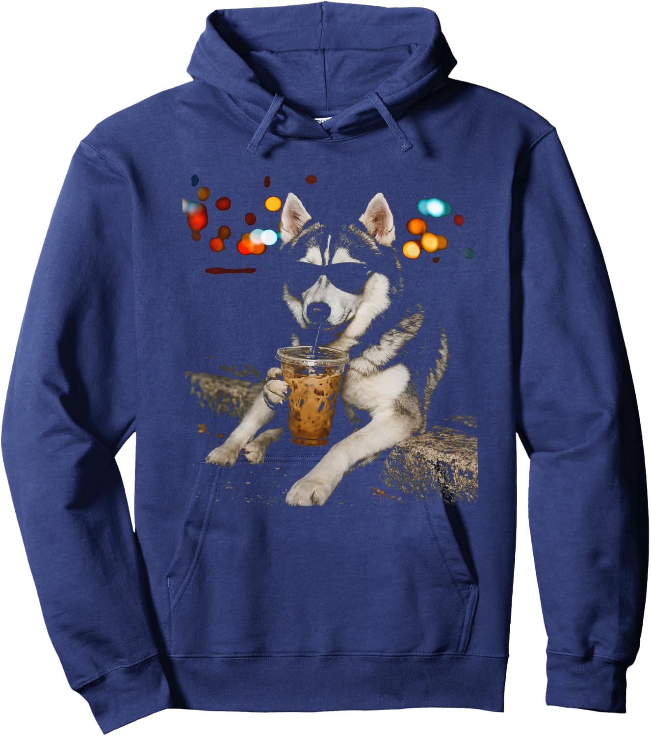 Funny Husky Drinking Iced Coffee Cool Dog Art Hoodie - Hoodie | Navy