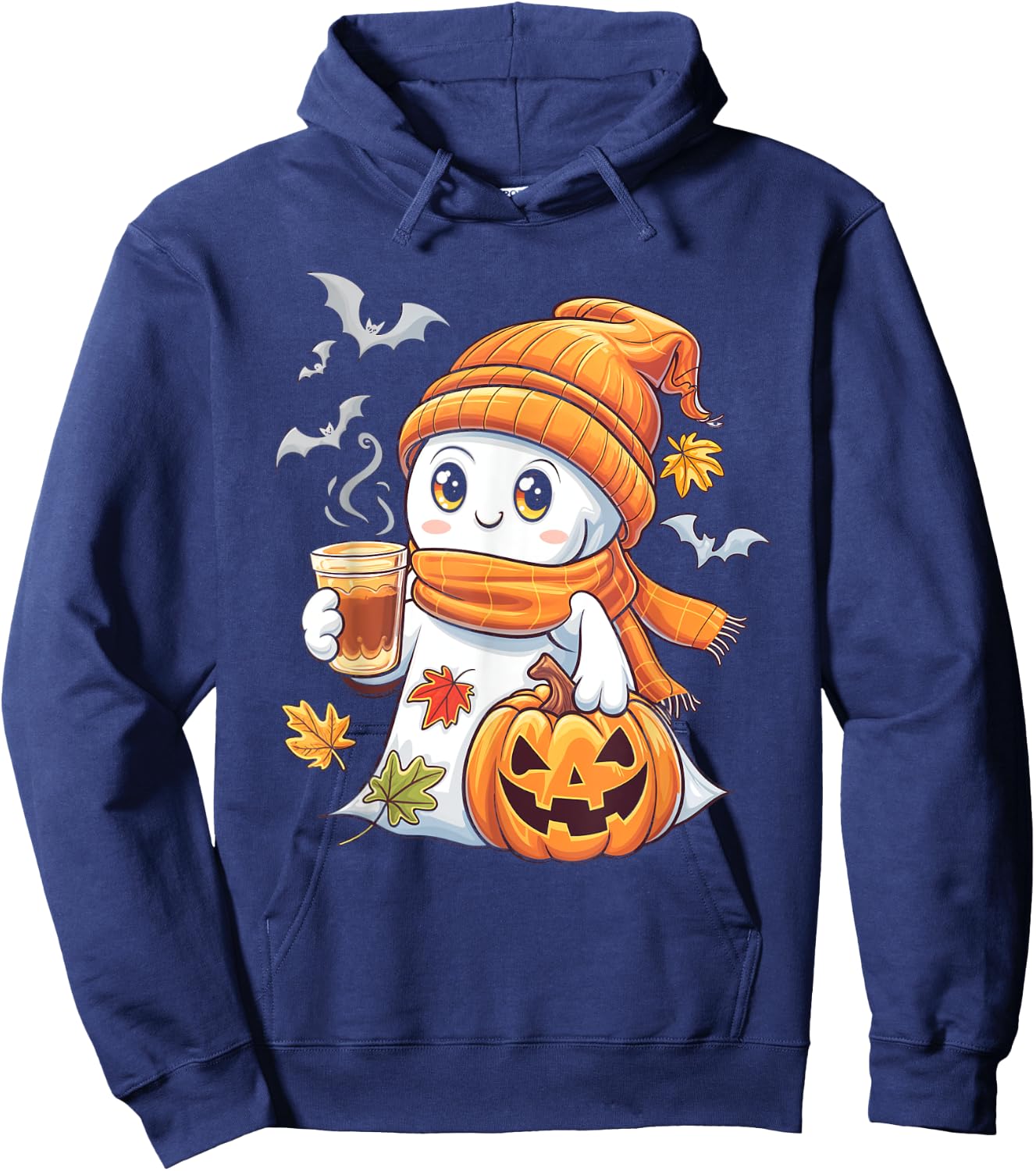 Cute Ghost Pumpkin Coffee Halloween Fall Ghost Hoodie - Hoodie | Navy