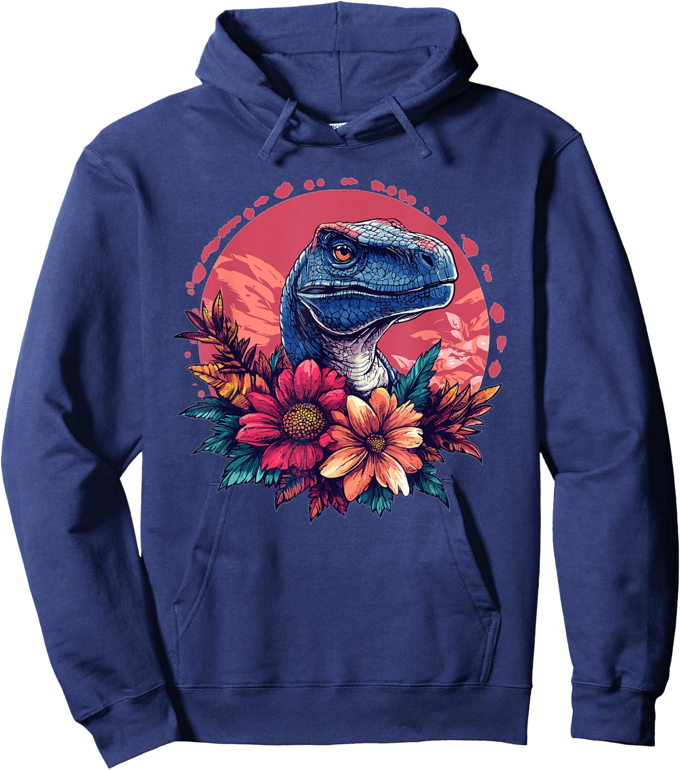 Velociraptor Head With Flowers Sunset Hoodie - Hoodie | Navy