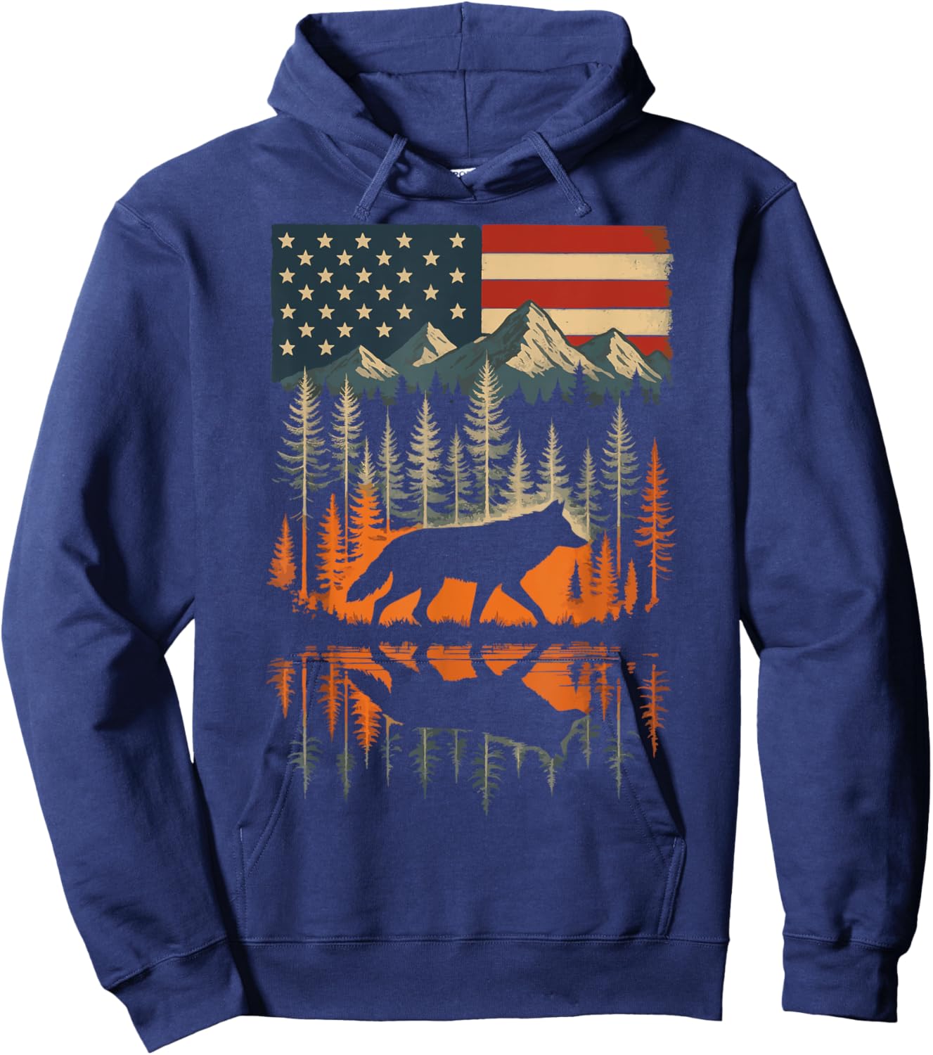 Wolf USA Flag Mountain Outdoor Wildlife Retro Hoodie - Hoodie | Navy
