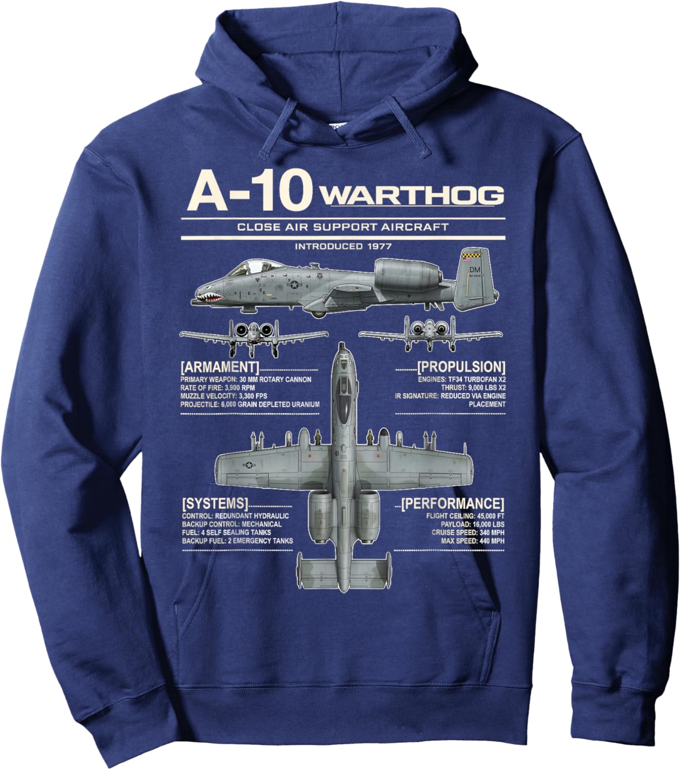 A-10 Warthog Military Jet Spec Infographic Hoodie - Hoodie | Navy