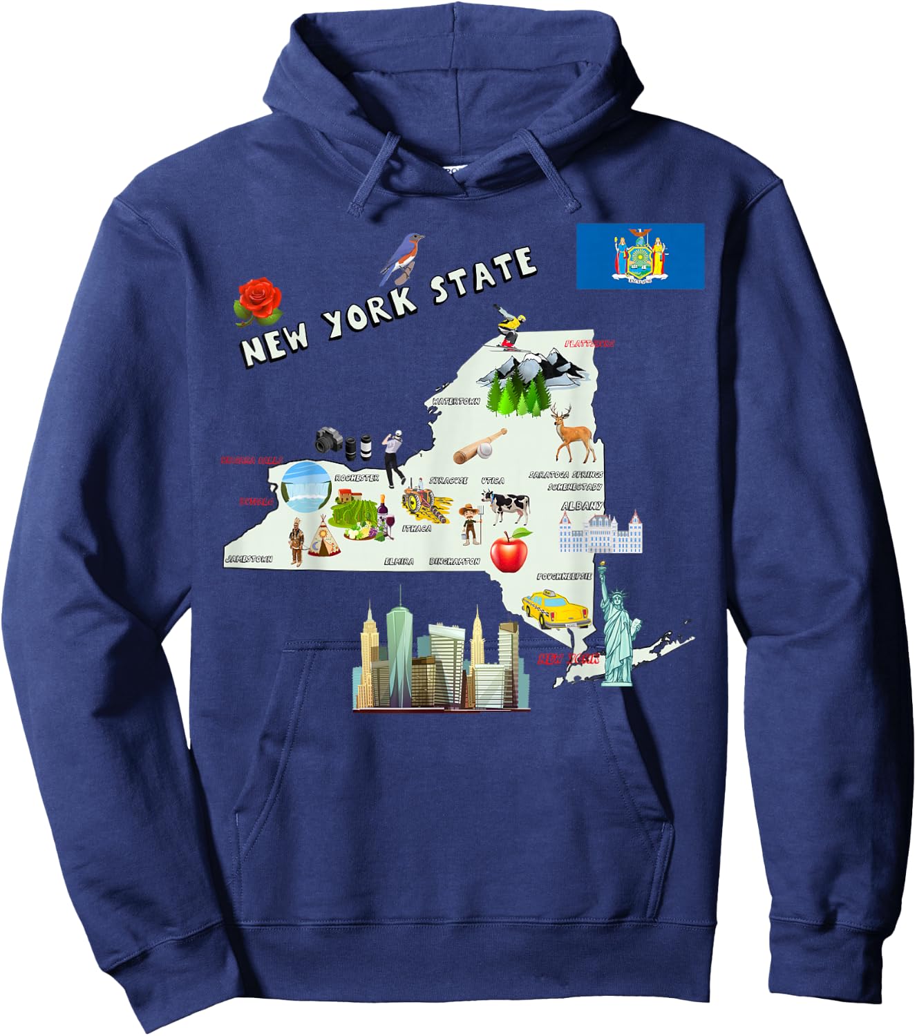 New York state map Attractions cities flag Hoodie - Hoodie | Navy