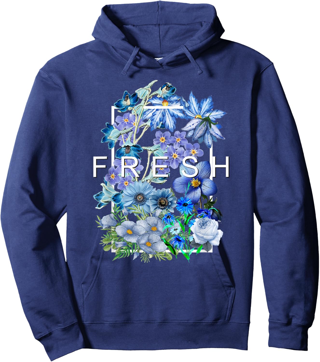 Blue Fresh Bloom Flowers Blue Color Graphic Hoodie - Hoodie | Navy