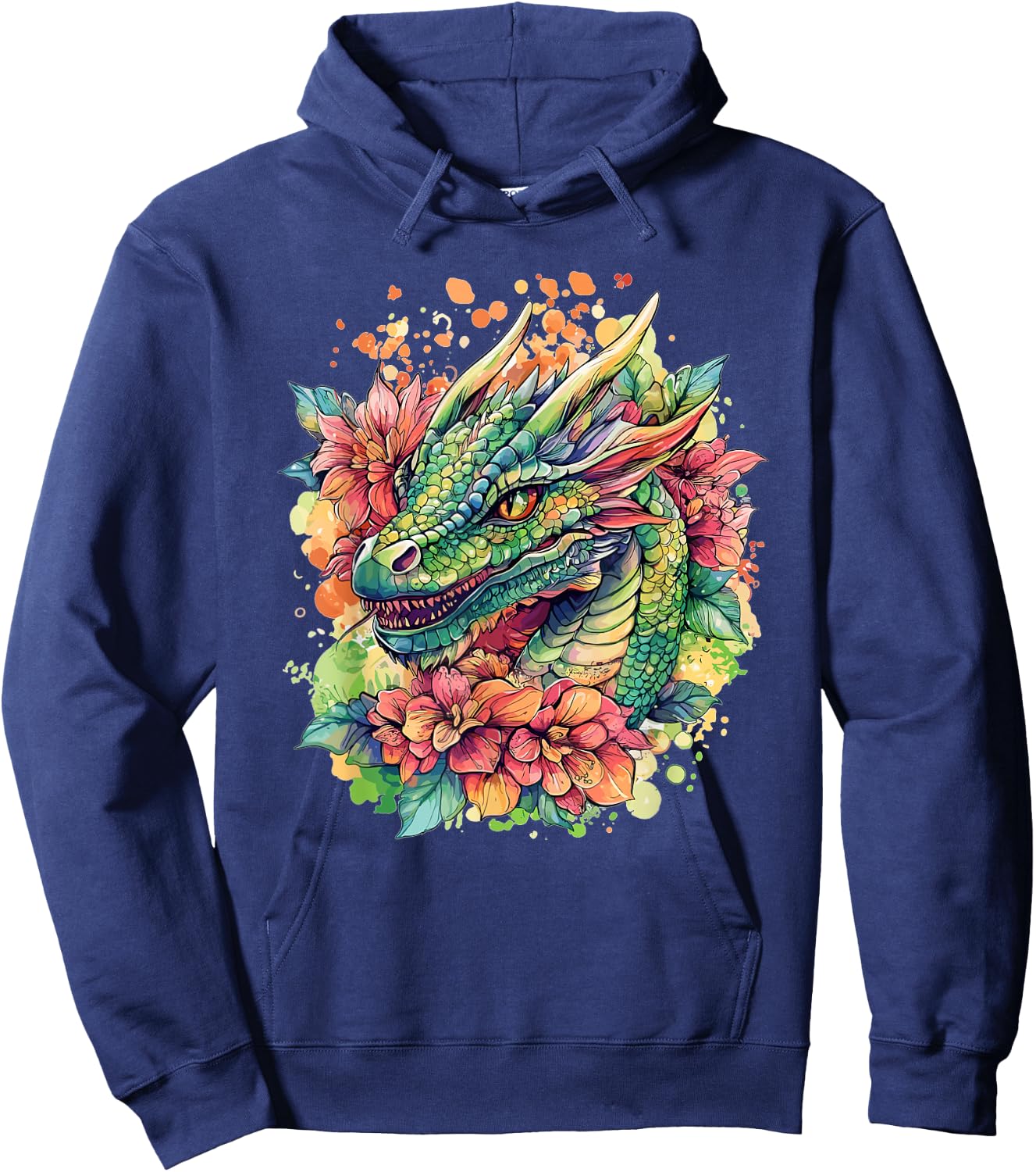 Colorful Dragon Surrounded By Flowers Hoodie - Hoodie | Navy