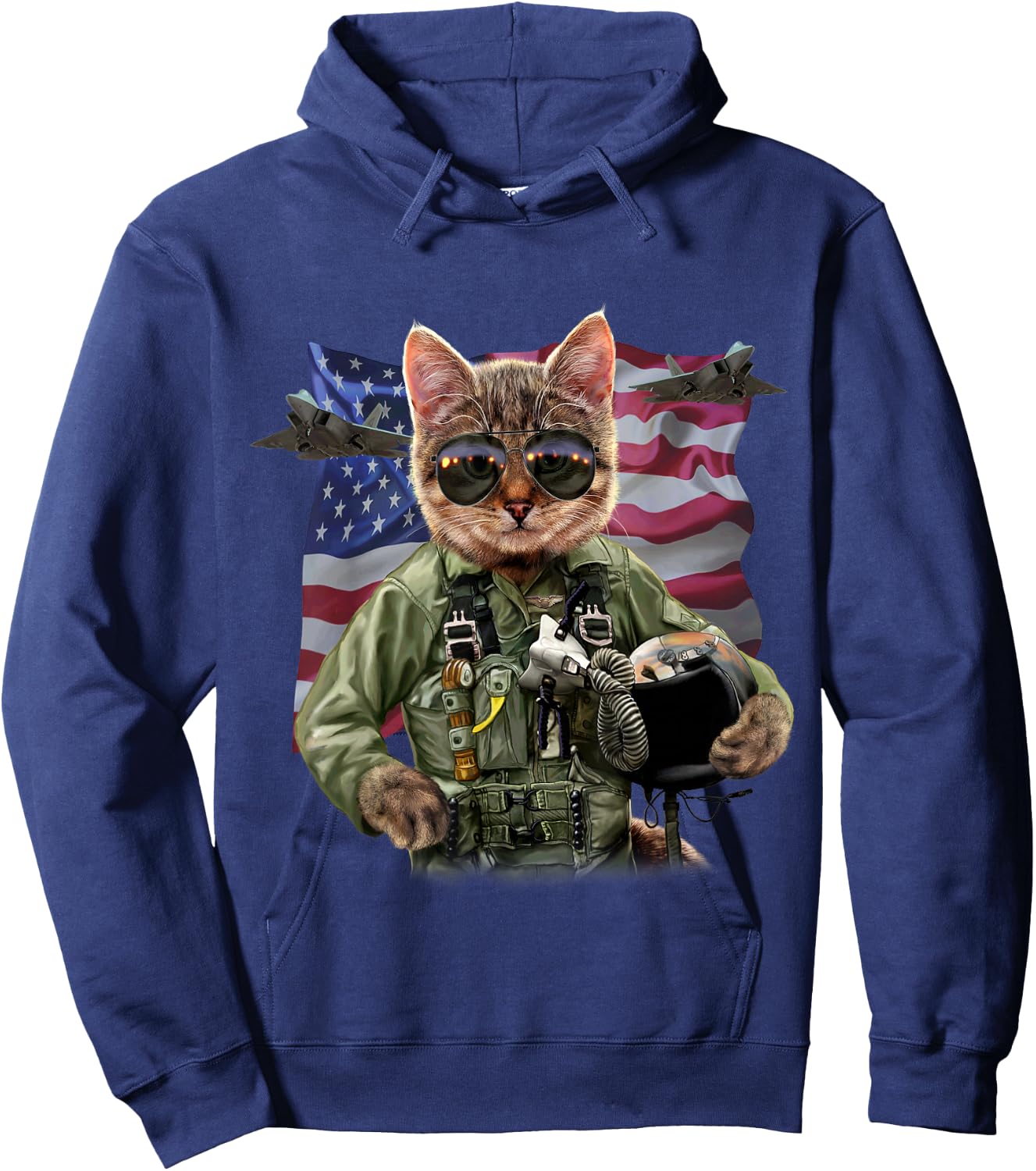 Cat Fighter Pilot with American Flag and Jets Hoodie - Hoodie | Navy
