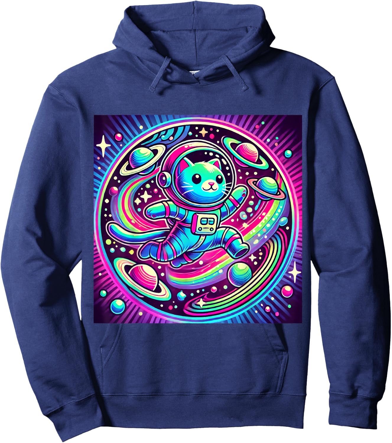 Astronaut Cat Flying Through a Neon Galaxy Hoodie - Hoodie | Navy