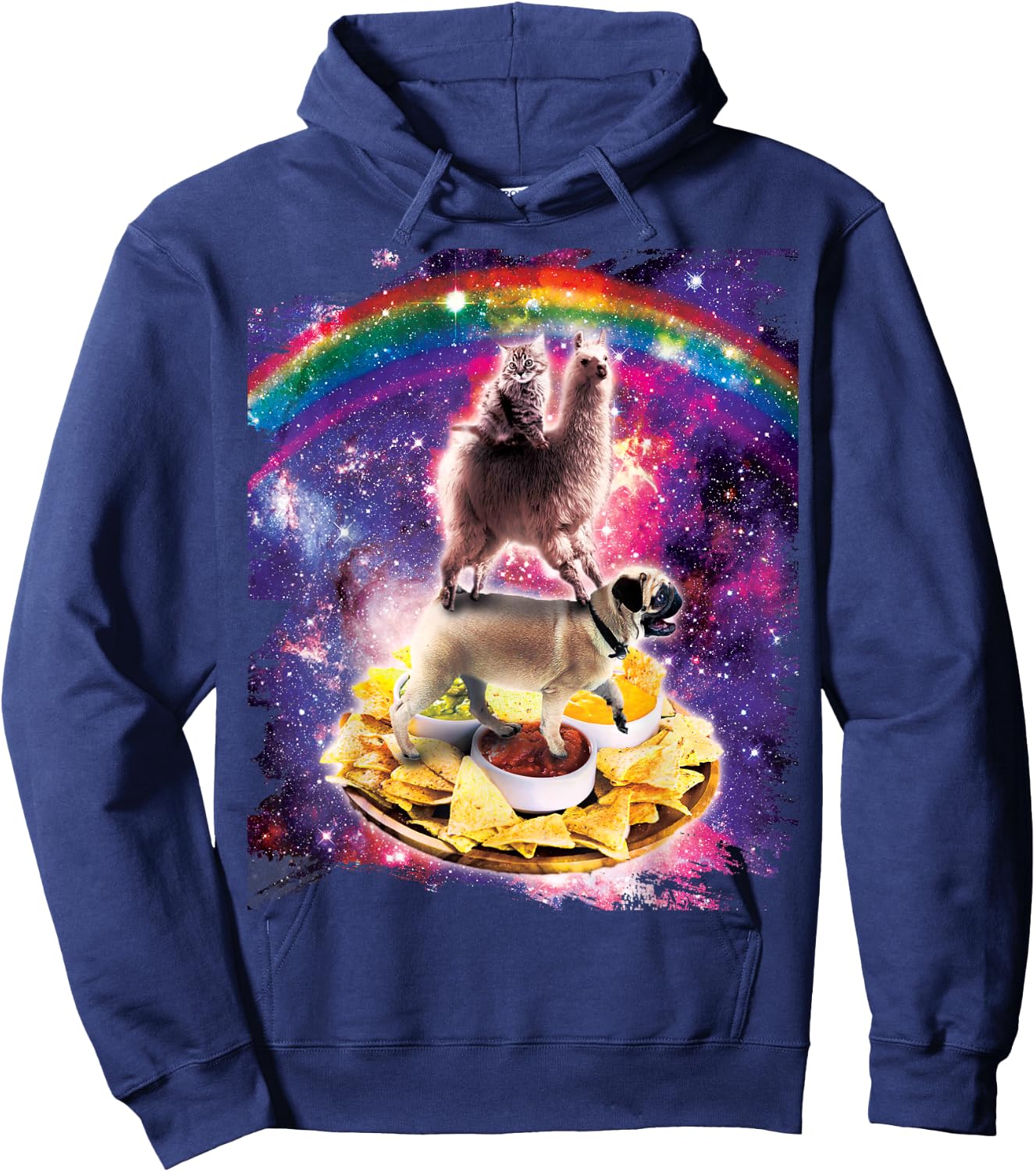 Space Cat Llama Pug Riding Nachos Hoodie - Hoodie | Navy