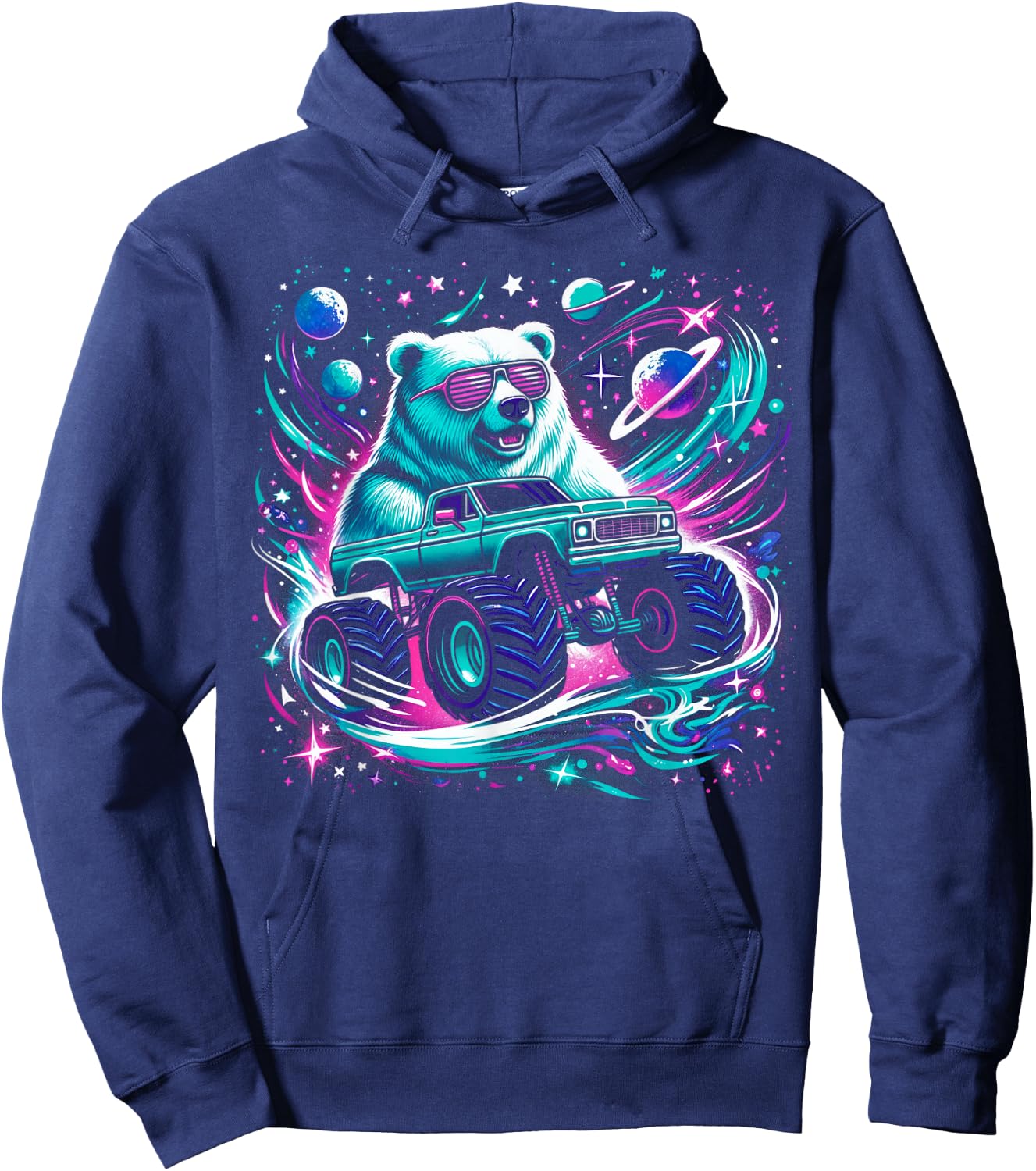 Cool Bear Driving Monster Truck in Cosmic Space Hoodie - Hoodie | Navy