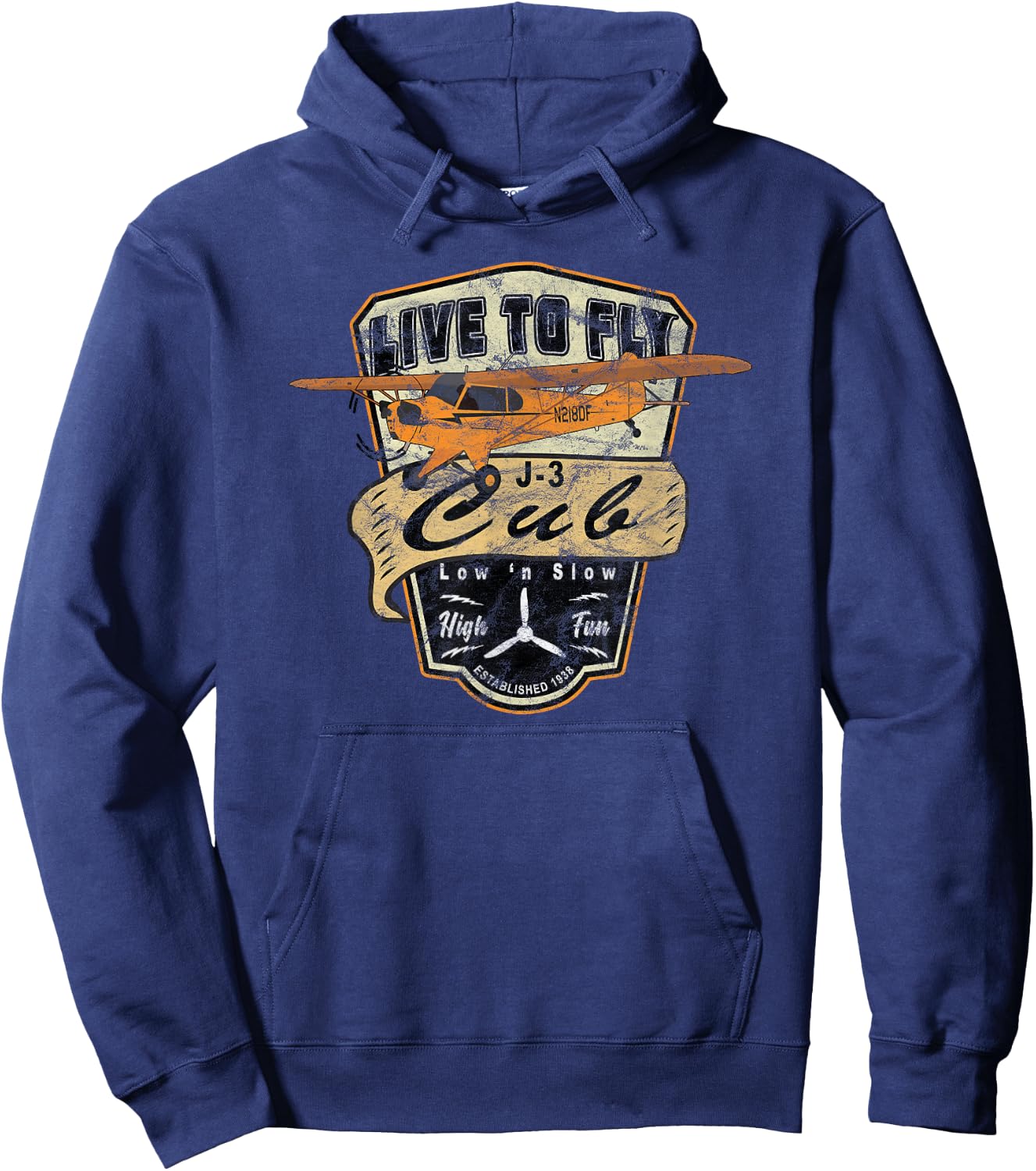 J-3 Cub Airplane "Live to Fly" Vintage Pilot Hoodie - Hoodie | Navy