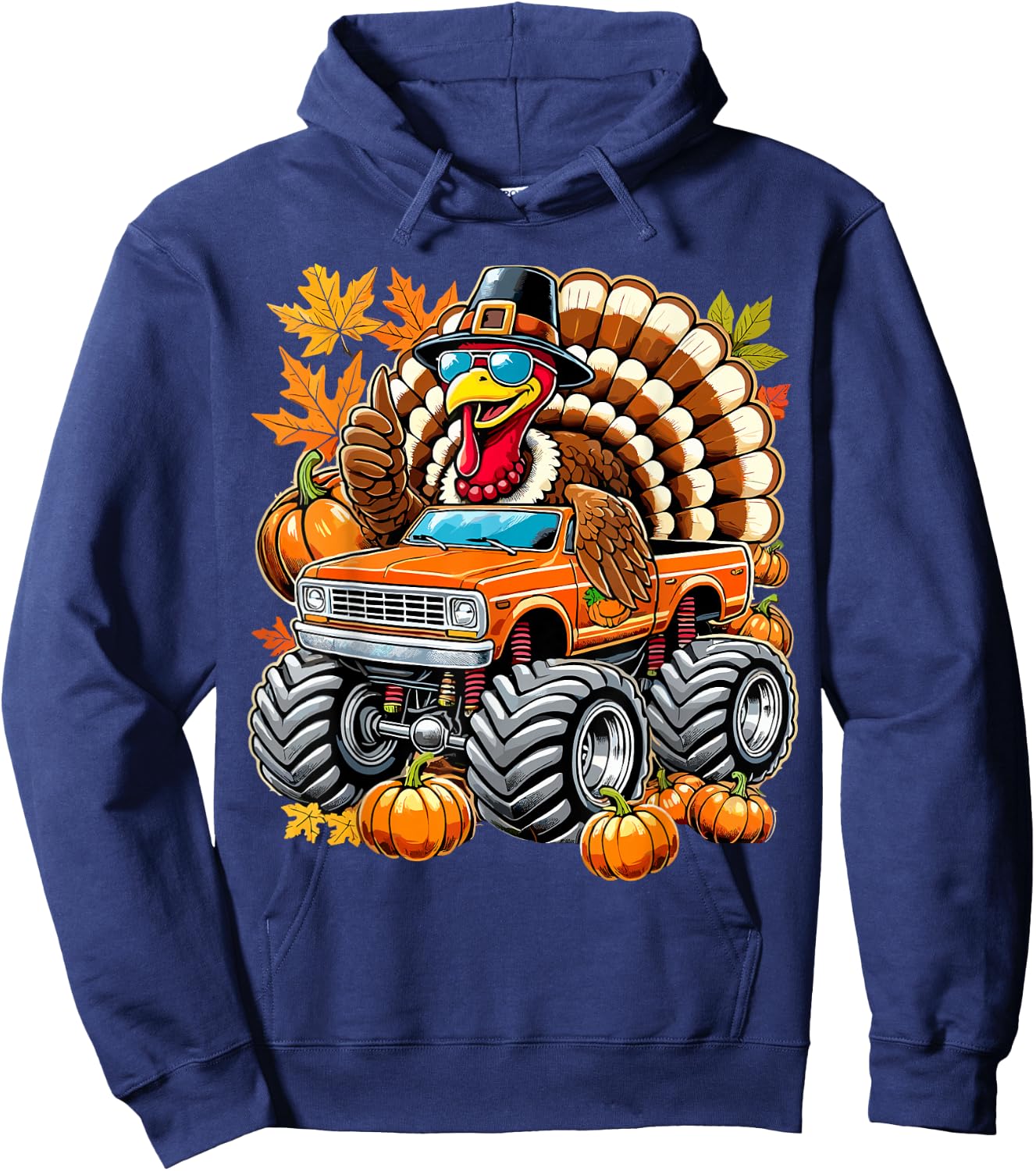 Thanksgiving Turkey Riding Monster Truck Hoodie - Hoodie | Navy