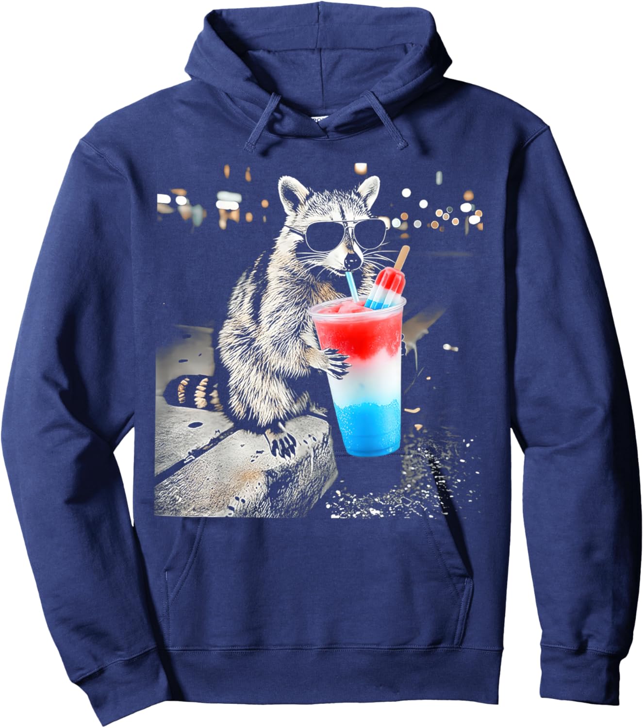 4th of July Raccoon Drinking Patriotic Slushie Hoodie - Hoodie | Navy