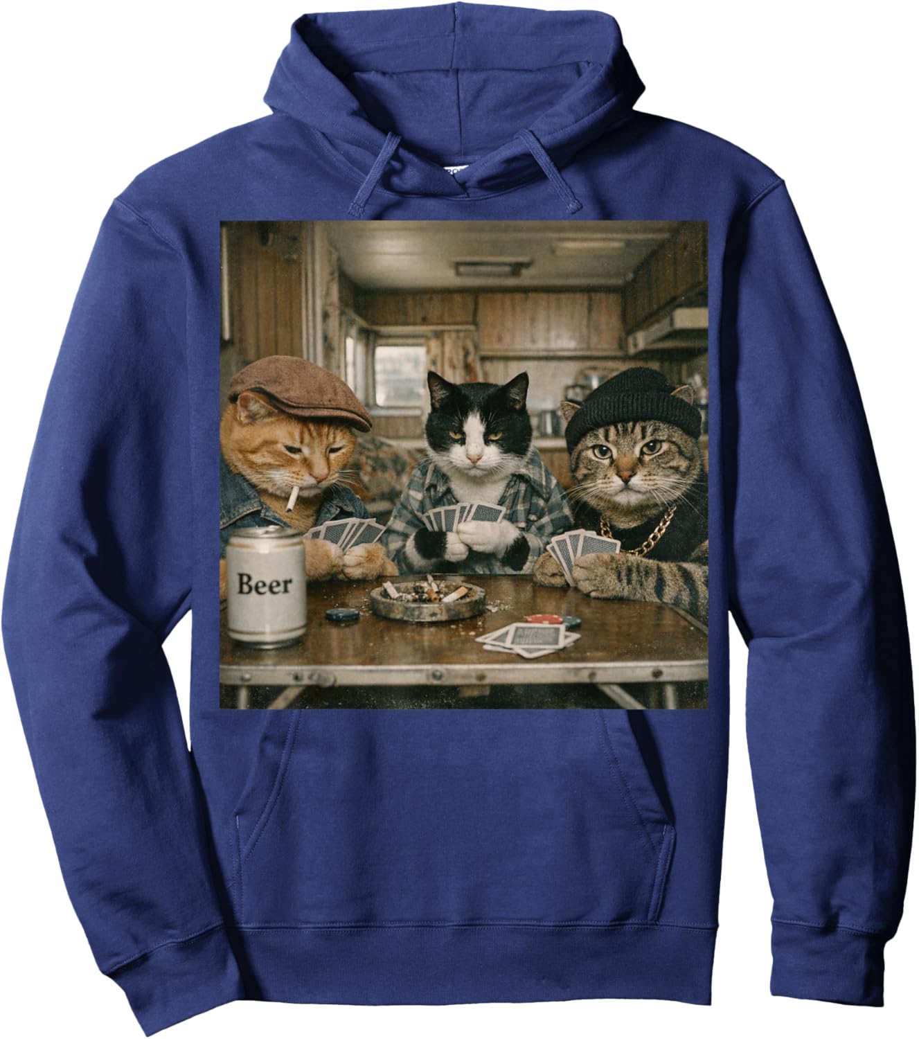 Funny Cats Playing Cards Vintage 70s Pet Owner Hoodie - Hoodie | Navy