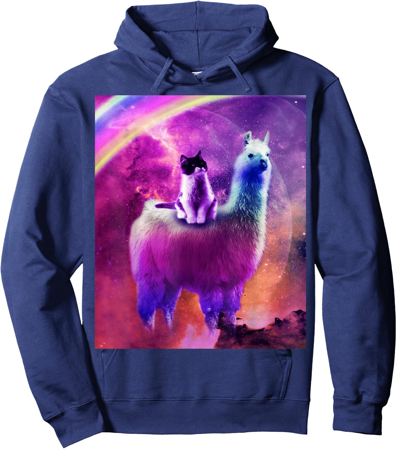 Kitty Cat Riding On Rainbow Llama In Space Hoodie - Hoodie | Navy
