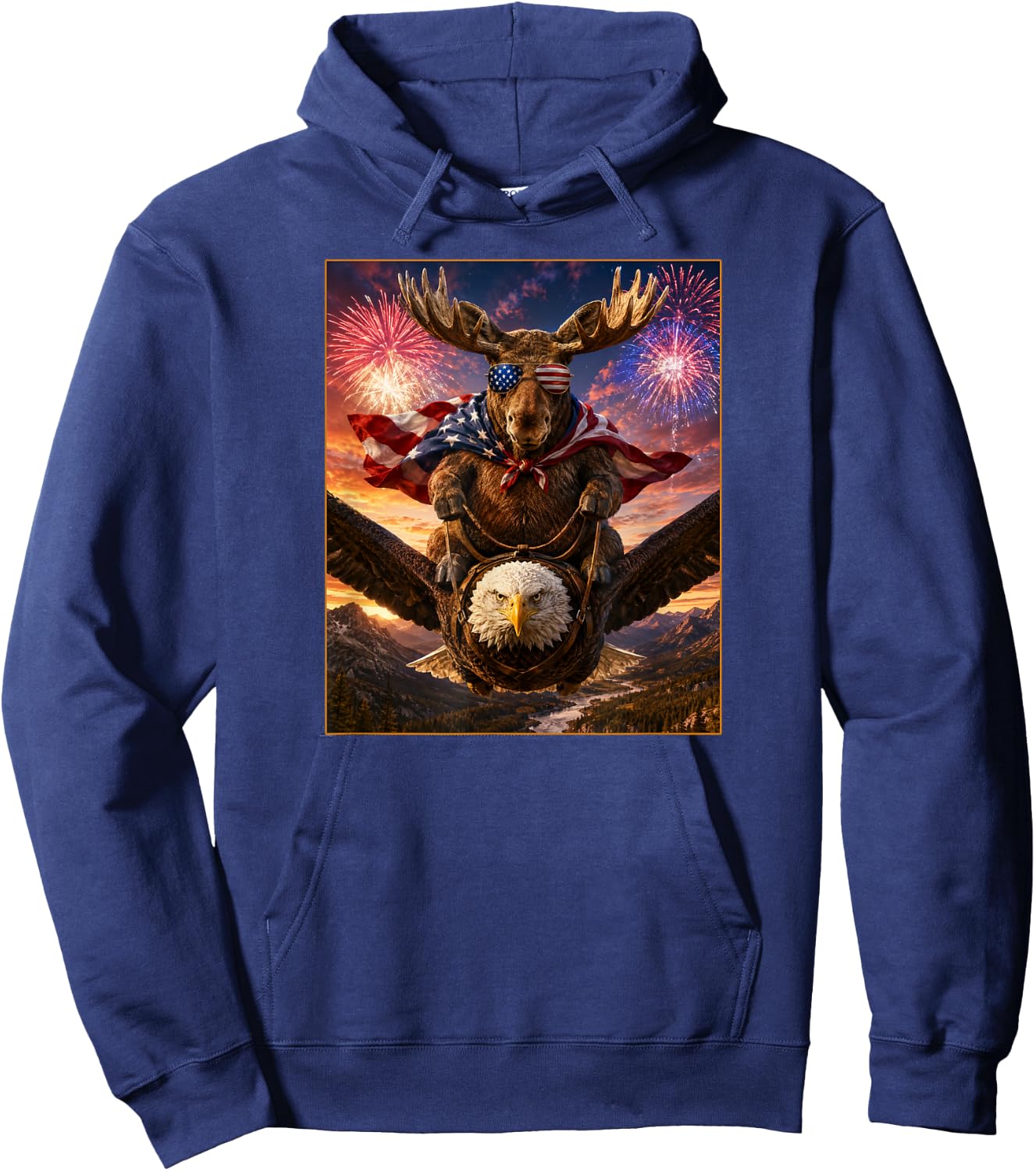 Moose on Bald Eagle American Flag Glasses USA Hoodie - Hoodie | Navy