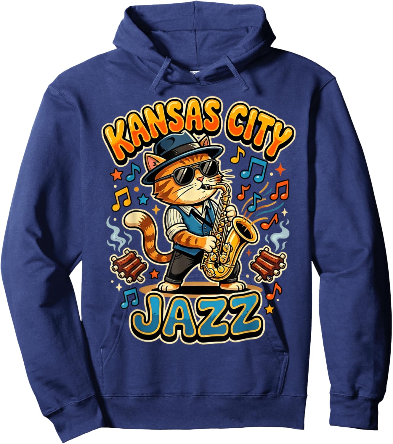 Kansas City Jazz Saxophone Cat Playing BBQ Ribs Hoodie - Hoodie | Navy