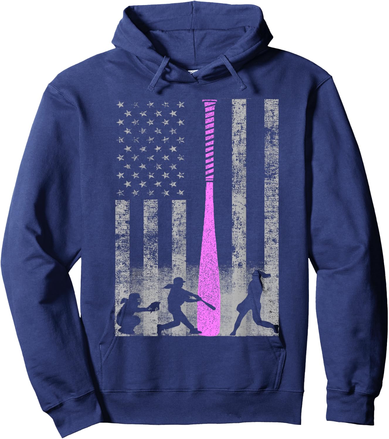American Softball Flag - Players and Pink Bat Hoodie - Hoodie | Navy