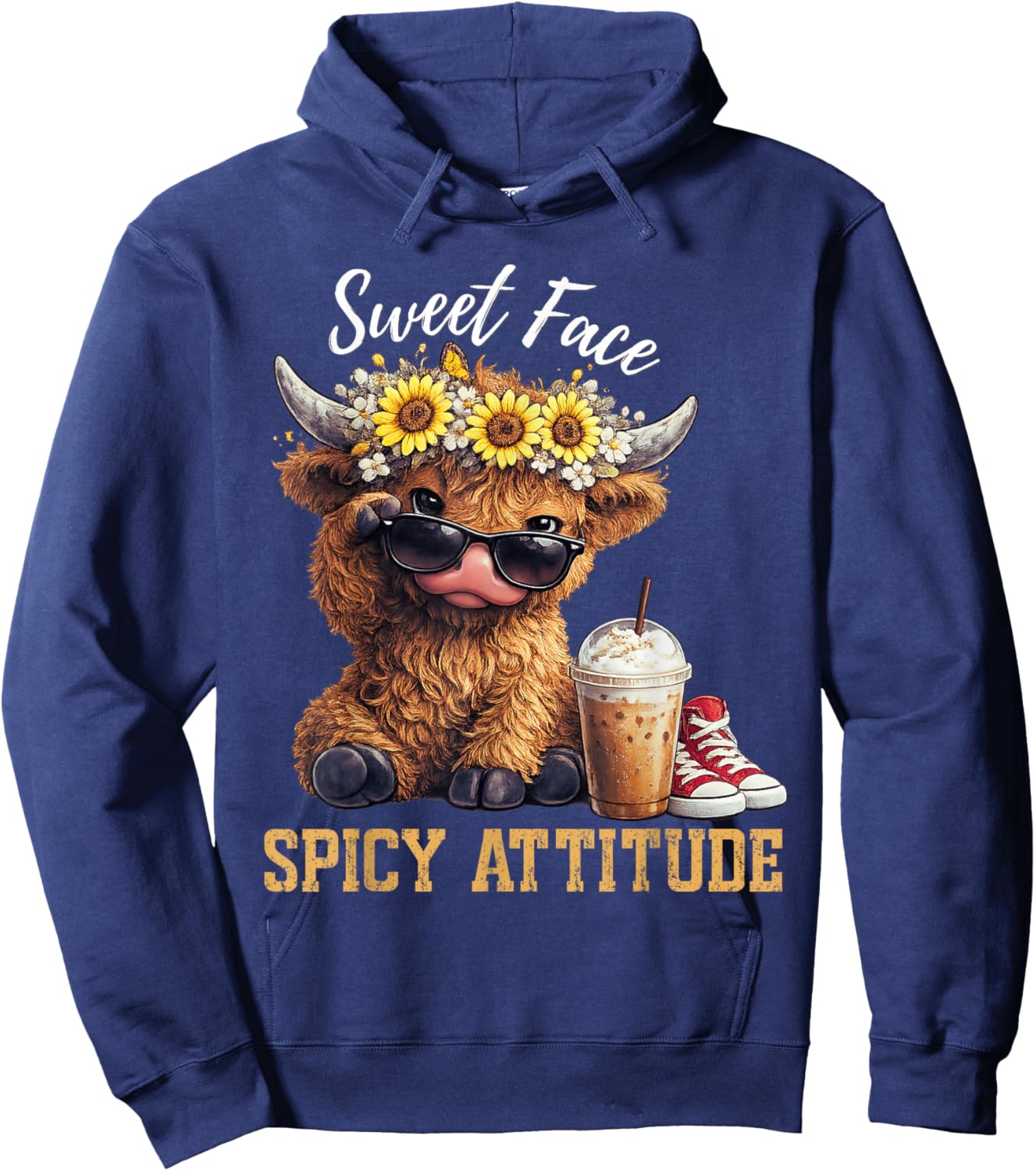 Sweet Face Spicy Attitude Funny Highland Cow Hoodie - Hoodie | Navy