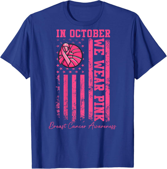 (ON BACK) In October We Wear Pink Basketball Breast Cancer T-Shirt - T-Shirt | Royal