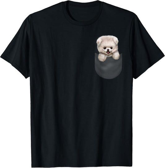 Cute White Fluffy Pomeranian Puppy in Pocket, Dog Men Women Kids