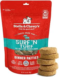 Stella & Chewy's Freeze-Dried Raw Dinner Patties - Surf 'N Turf Salmon & Beef Recipe - High Protein Grain-Free Puppy & Dog Food - Perfect For Picky Eaters - 5.5 oz