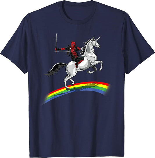 Marvel Men's Deadpool Riding A Unicorn On A Rainbow