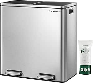 SONGMICS Trash Can, 2 x 8 Gallon (2 x 30 L) Garbage Can for Kitchen, with 15 Trash Bags, 2 Compartments, Plastic Inner Buckets and Hinged Lids, Airtight, Silver and Black ULTB60NL