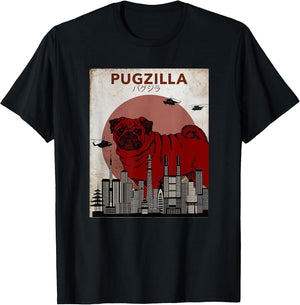 Funny Pug Shirts Pugzilla -Adults Black Small Classic Fit Short Sleeve Monster-Themed Cartoon