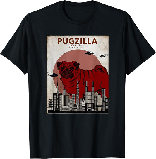 Funny Pug Shirts Pugzilla -Adults Black Small Classic Fit Short Sleeve Monster-Themed Cartoon