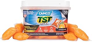 Camco TST MAX RV Toilet Treatment Drop-INs - Control Unwanted Odors & Break Down Waste and Tissue - Safe Septic Tank Treatment - Orange Scent, 30-Pack (41183)