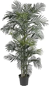 Nearly Natural 6.5ft Artificial Golden Cane Palm Tree, Lifelike Silk Indoor Palm With Three Textured Trunks Flexible Fronds Nursery Planter, Low Maintenance