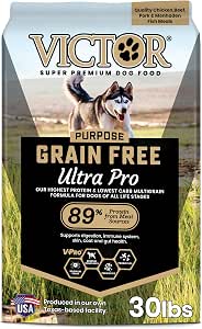 VICTOR Super Premium Dog Food – Grain Free Ultra Pro Kibble – High Protein, Low Carb for Active Dogs – 42% Protein Kibble for Sporting Dogs of All Breeds & Sizes, 30 lb
