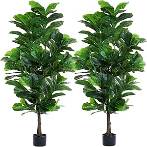 Fiddle Leaf Fig Tree 6ft Tall Artificial Tree in Pot Fake Ficus Lyrata Plants with 184 Decorative Fiddle Leaves Faux Fig Trees for Home Office Living Room Decor Indoor Outdoor, 2 Pack