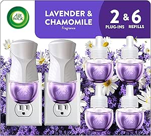 Air Wick Plug in Scented Oil Starter Kit, 2 Warmers + 6 Refills, Lavender & Chamomile, Eco Friendly, Essential Oils, Air Freshener