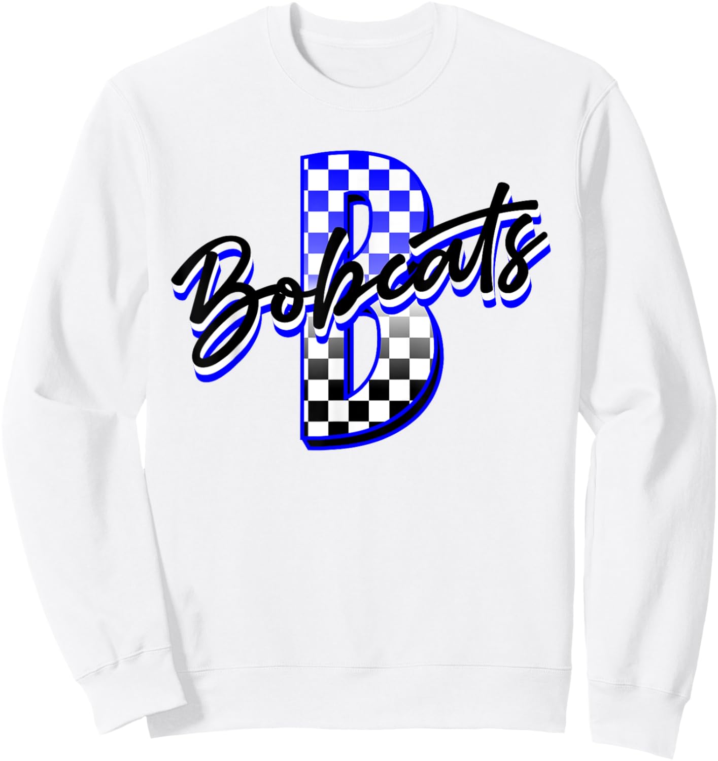 Bobcats Checkered Print Mascot School Spirit Blue Bobcat Sweatshirt - Sweatshirt | White