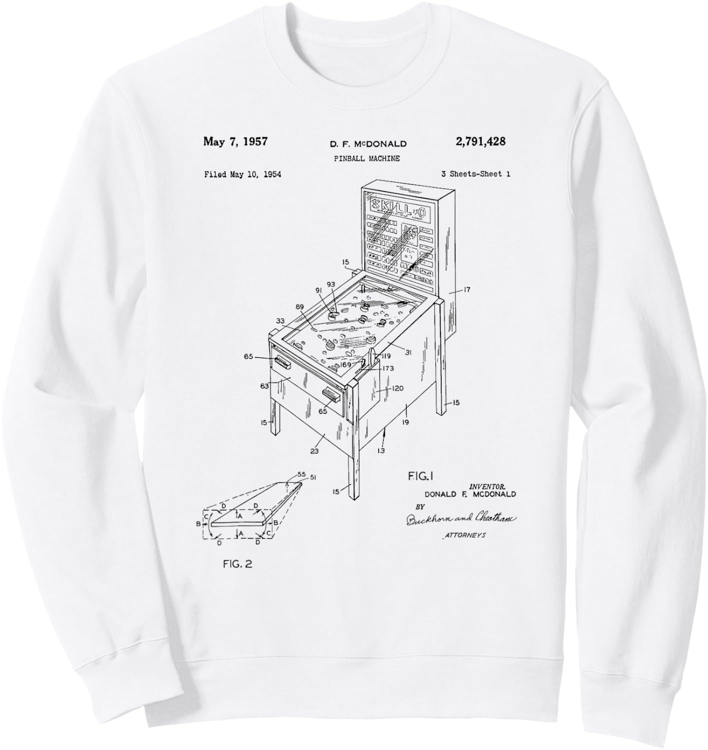 Vintage Patent Print 1957 Pinball Machine Sweatshirt - Sweatshirt | White
