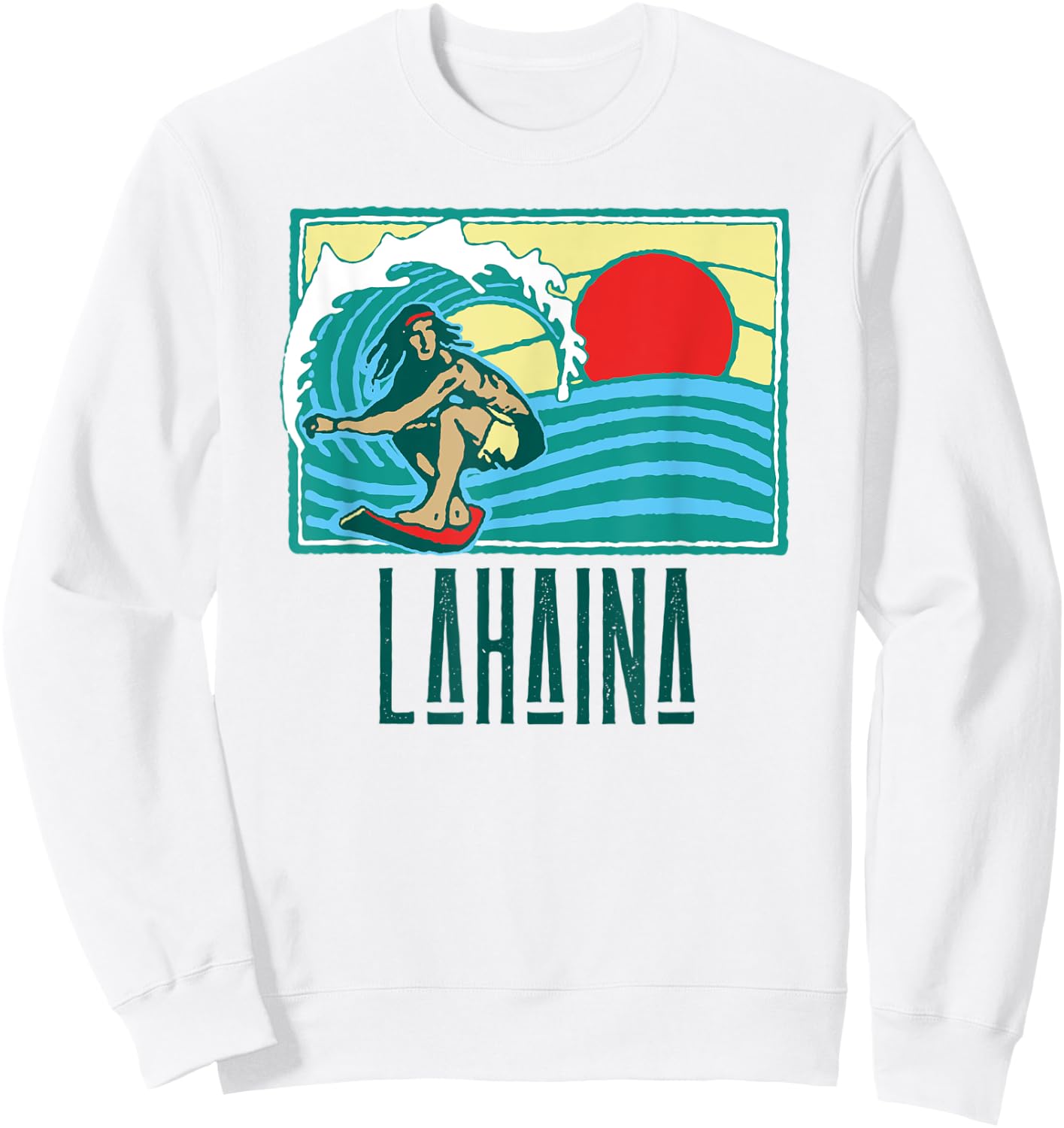 Lahaina Hawaii Vintage Surfer & Wave Retro Graphic Sweatshirt - Sweatshirt | White